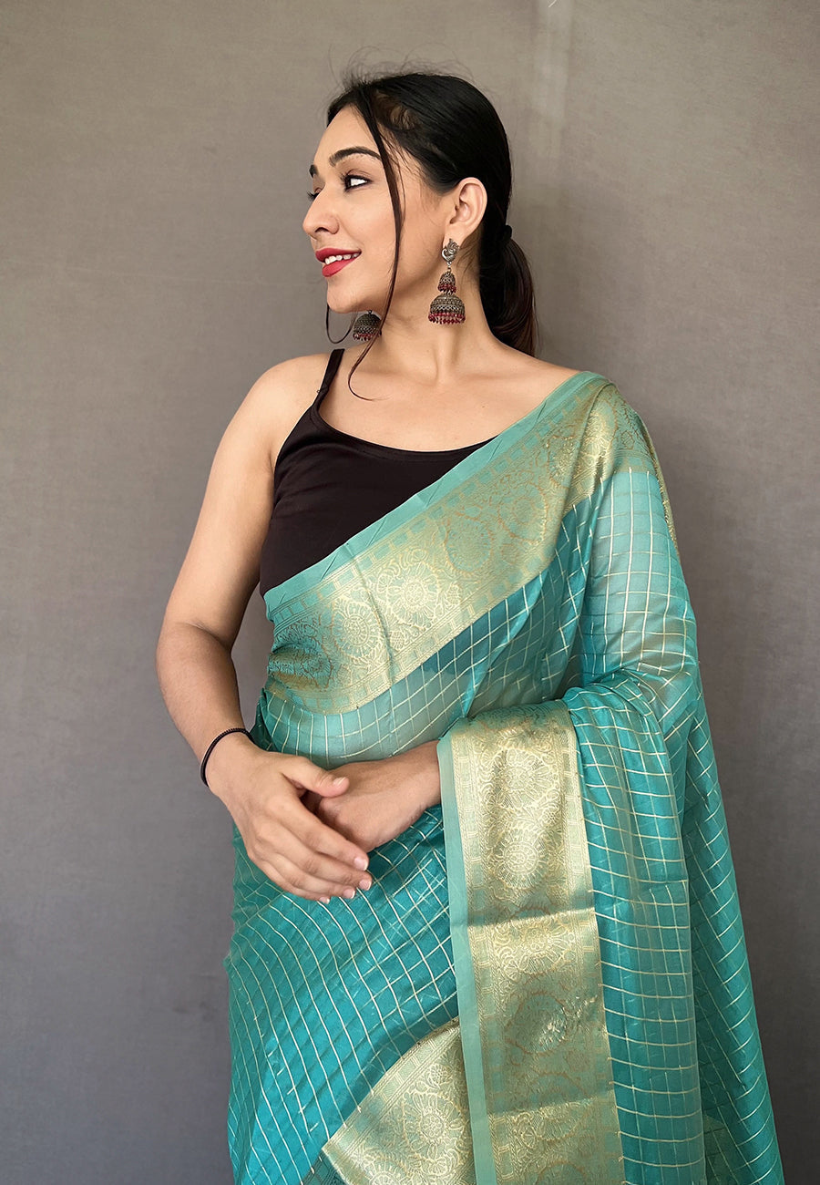 Malachite Blue Zari Woven Organza Checks Saree