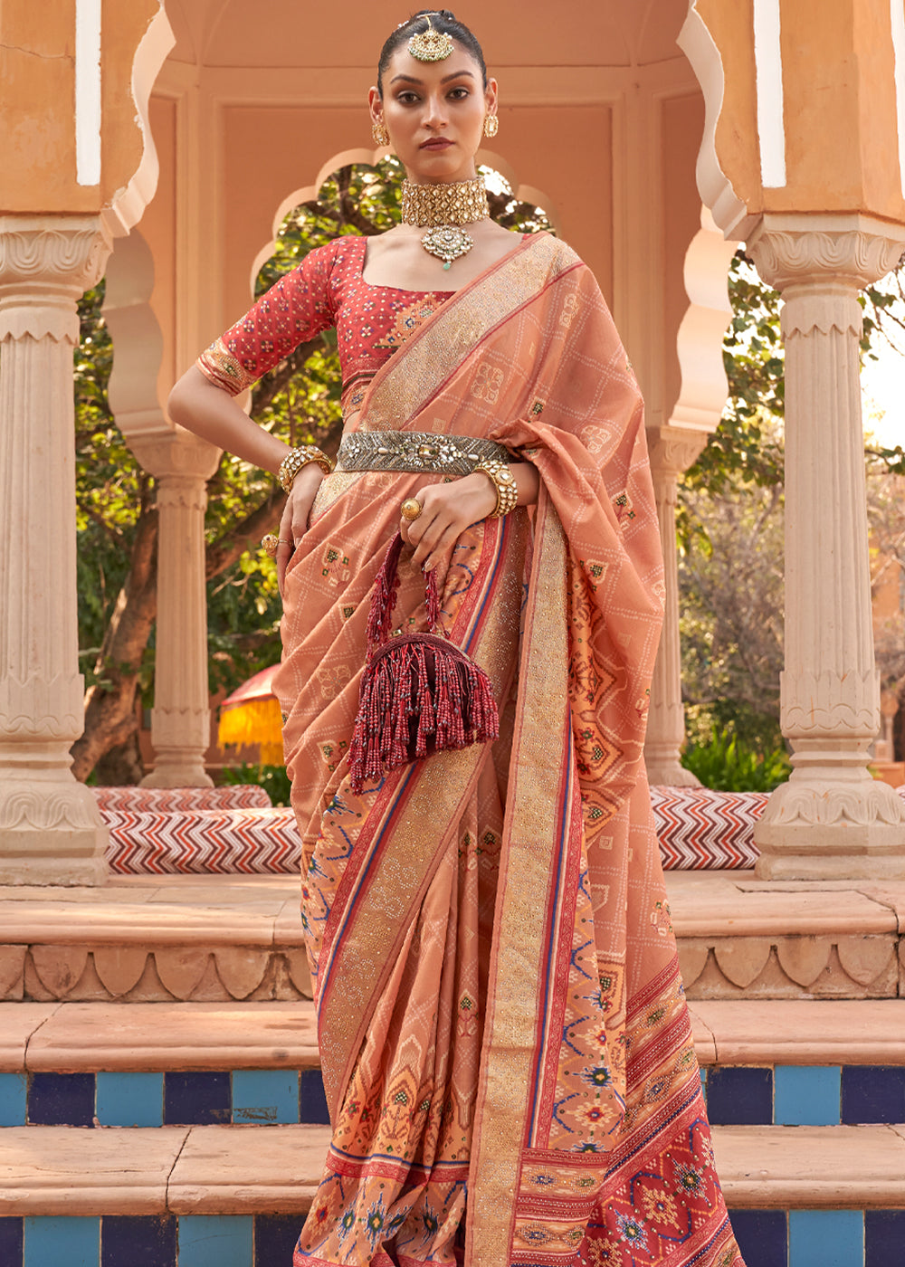 Tacao Peach Printed Patola Silk Saree