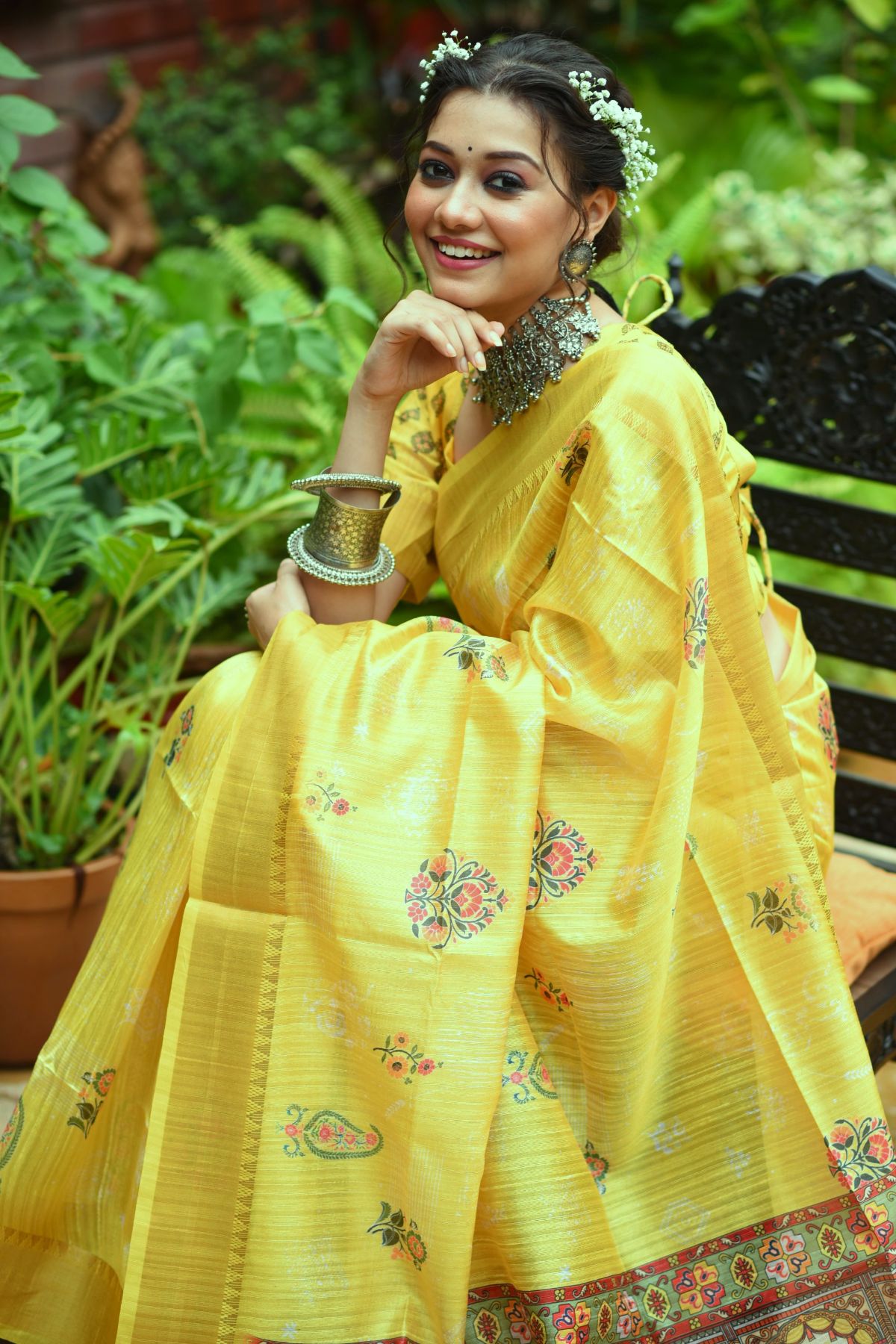 Paris Daisy Yellow Printed South Silk Saree