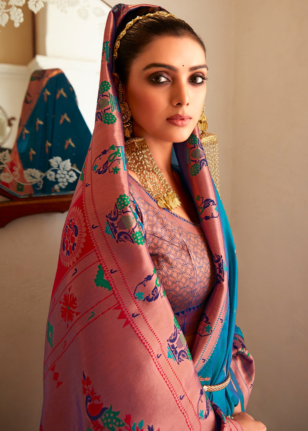 Regal Blue and Pink Zari Woven Paithani Silk Saree