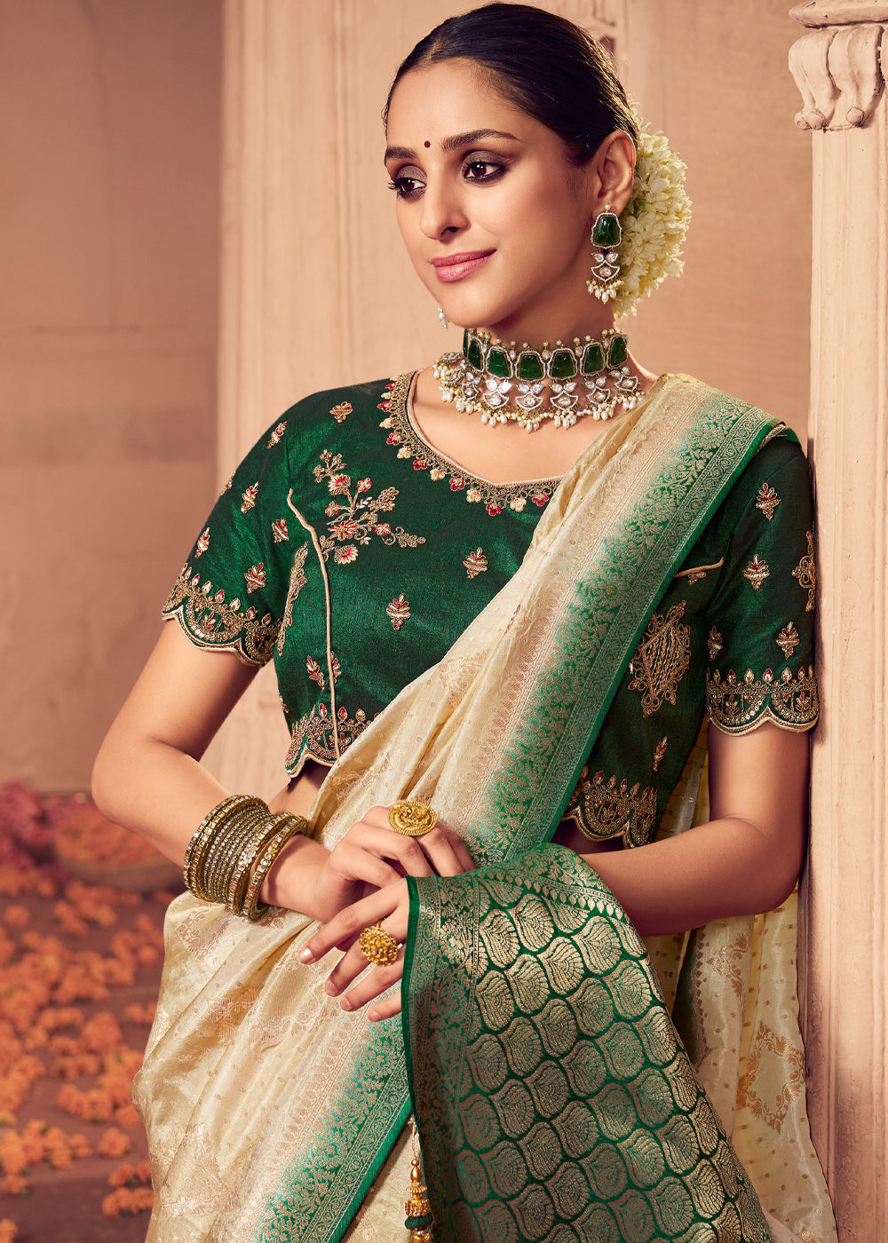 Chamois Cream and Green Zari Woven Designer Banarasi Saree