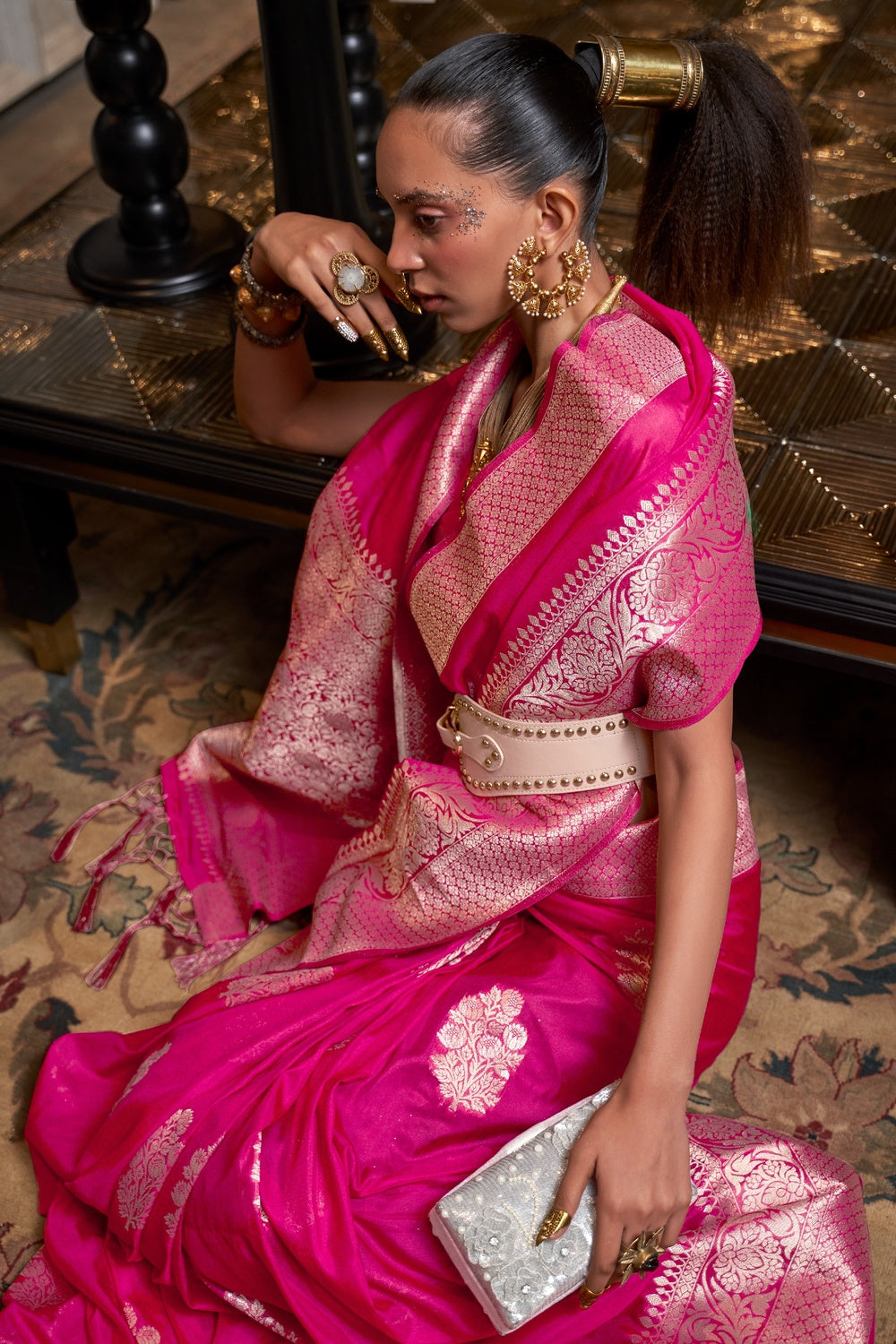 Cerise Pink Woven Georgette Silk Saree