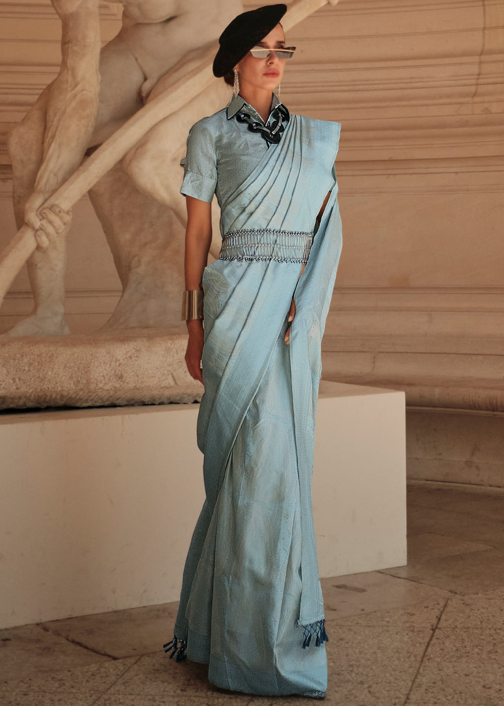 Lynch Blue Woven Kanjivaram Satin Silk Saree