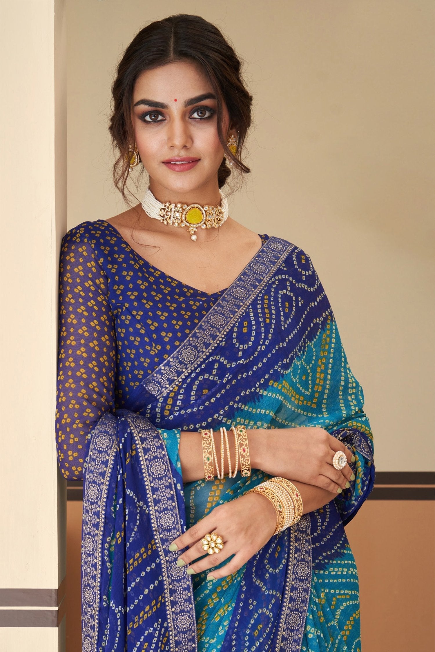 Malachite Blue Chiffon Bandhani saree