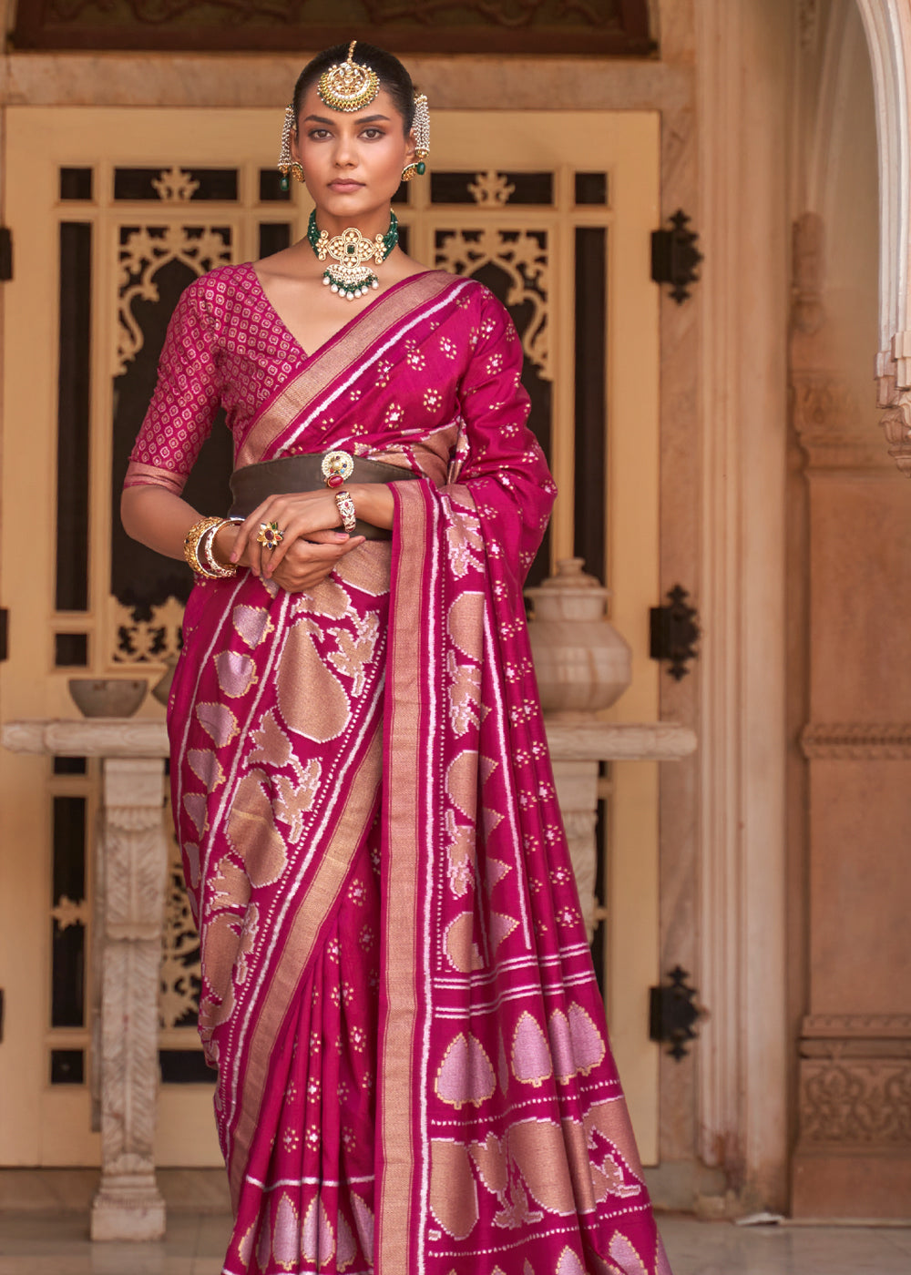 Cabaret Pink Woven Banarasi Soft Silk Saree