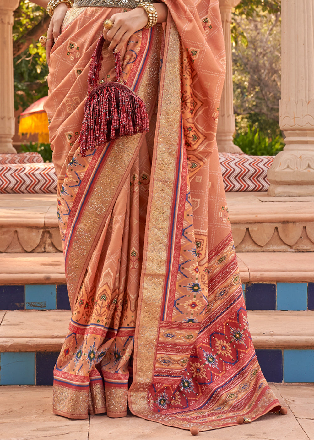 Tacao Peach Printed Patola Silk Saree