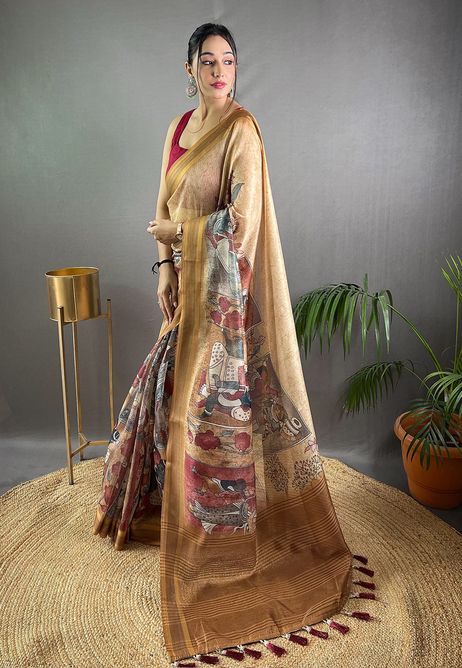 Mongoose Brown Cotton Kalamkari Printed Saree