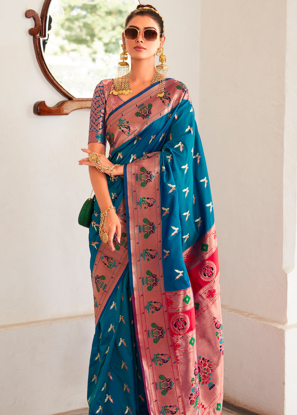 Regal Blue and Pink Zari Woven Paithani Silk Saree