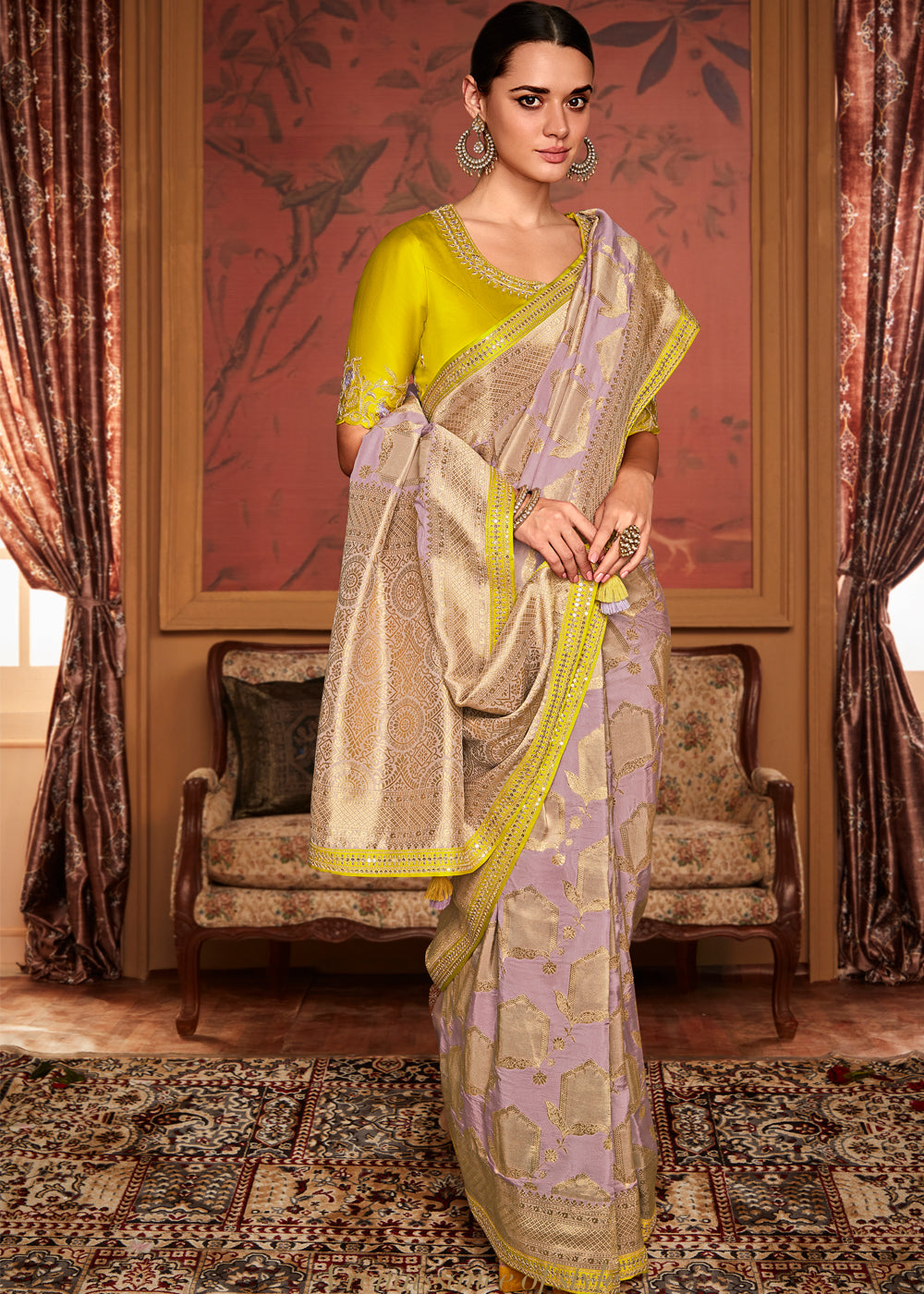 Quicksand Purple Woven Banarasi Designer Silk Saree With Embroidered Blouse