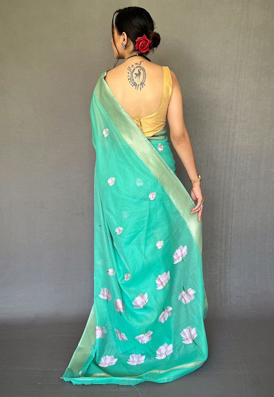 Aquamarine Blue Cotton Lotus Woven Silk Saree