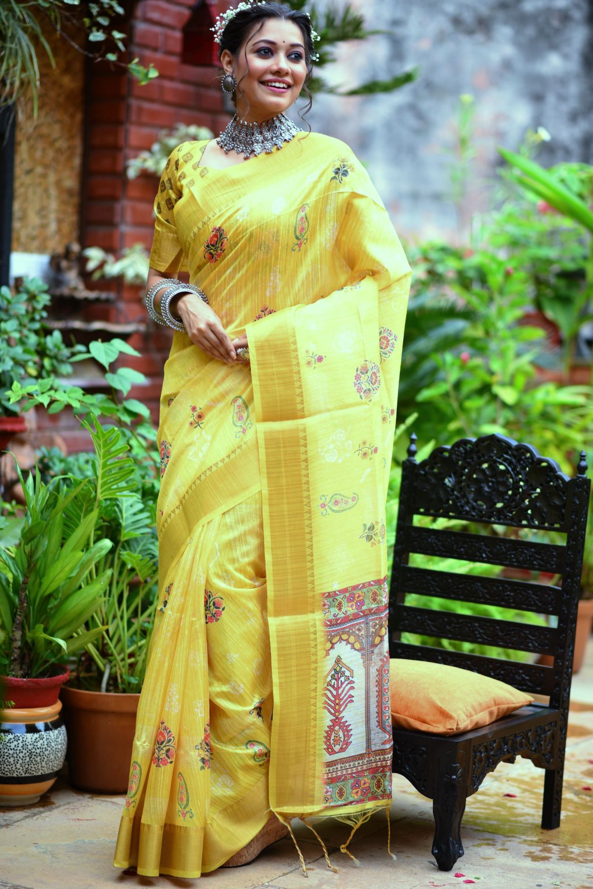 Paris Daisy Yellow Printed South Silk Saree