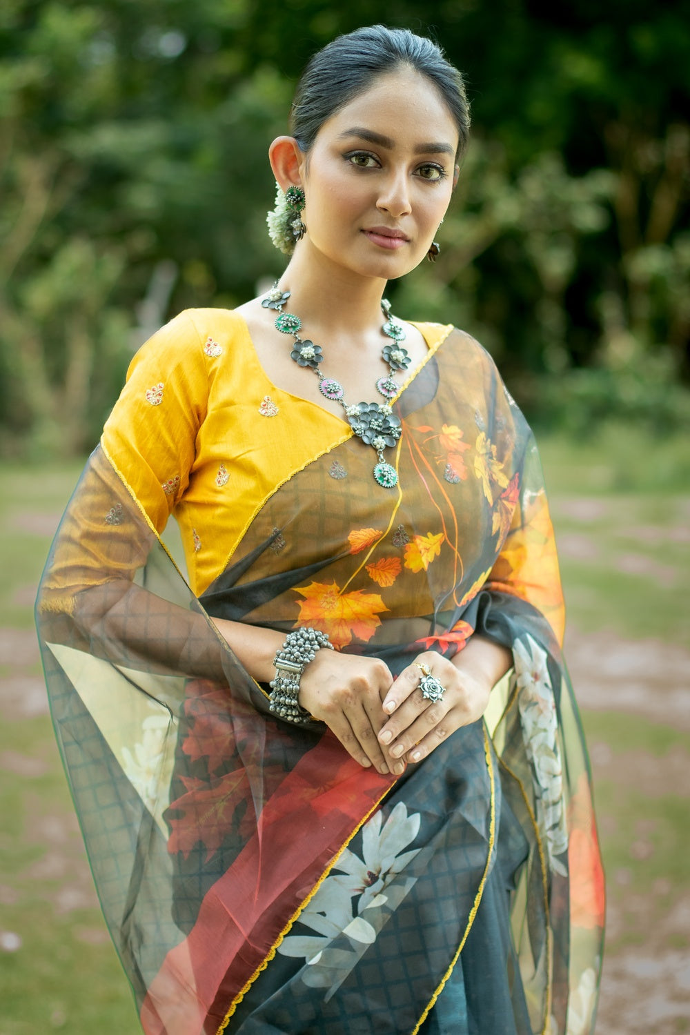 Nandor Grey Floral Design Organza Printed Saree