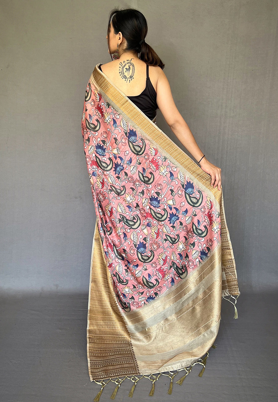 Petite Pink Zari Woven Cotton Kalamkari Digital Printed Saree