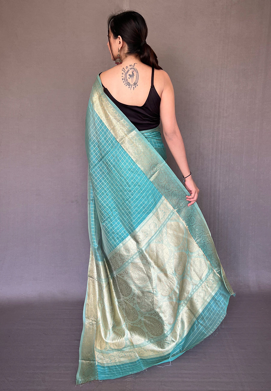 Malachite Blue Zari Woven Organza Checks Saree