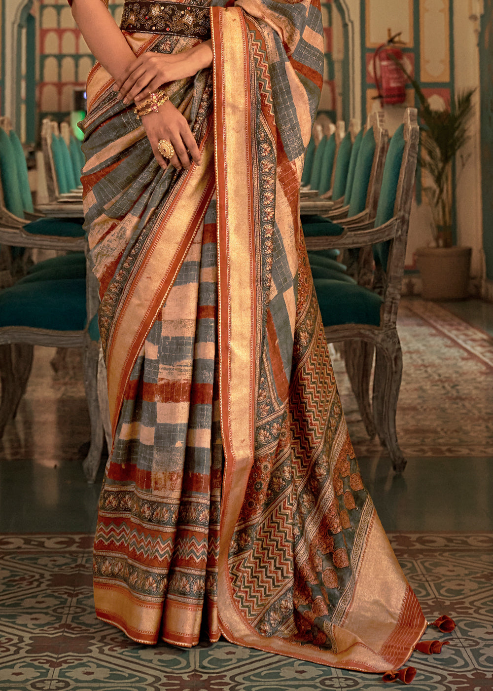 Shadow grey and Cream Printed Patola Soft Silk Saree