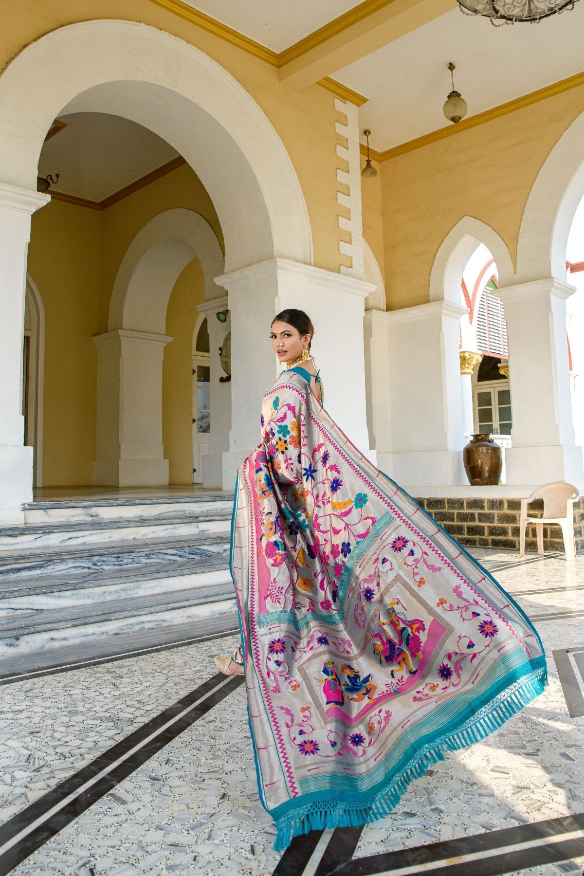 Envy Blue and Pink Woven Paithani Silk Saree