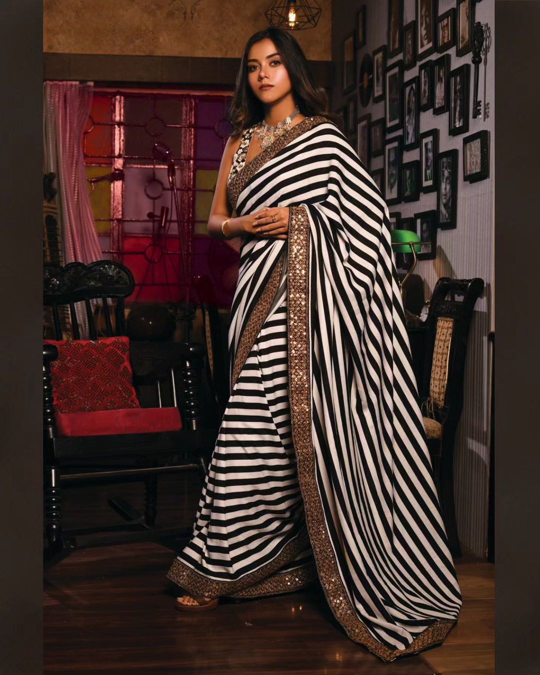 Licorice Black and White Printed Georgette saree