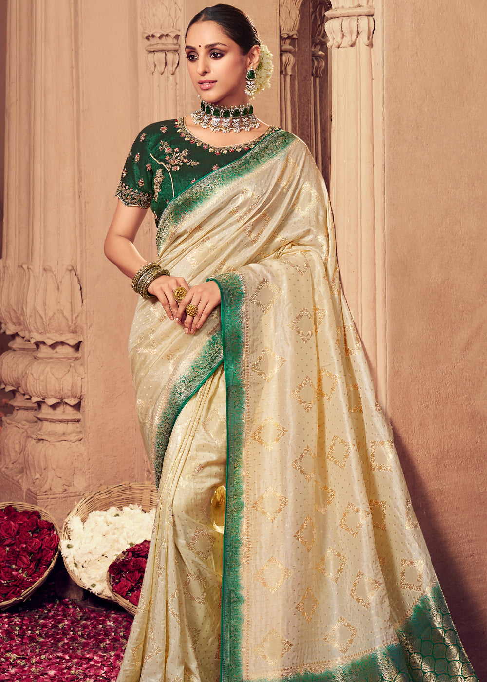 Chamois Cream and Green Zari Woven Designer Banarasi Saree