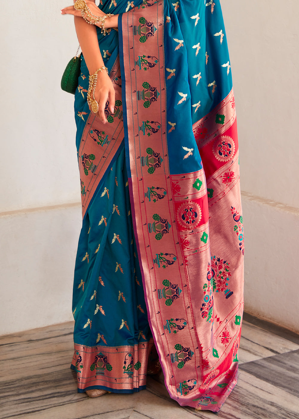 Regal Blue and Pink Zari Woven Paithani Silk Saree