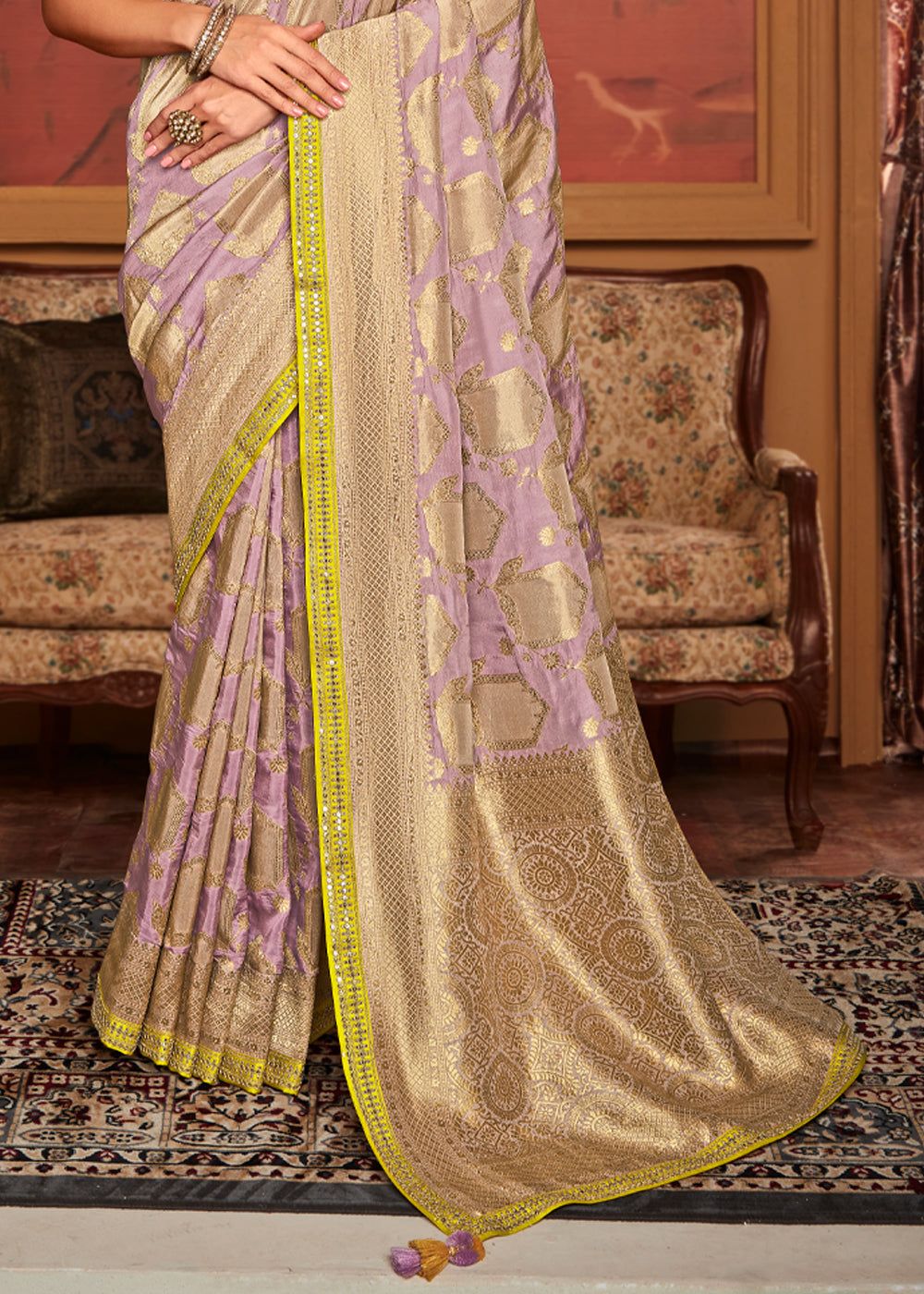 Quicksand Purple Woven Banarasi Designer Silk Saree With Embroidered Blouse