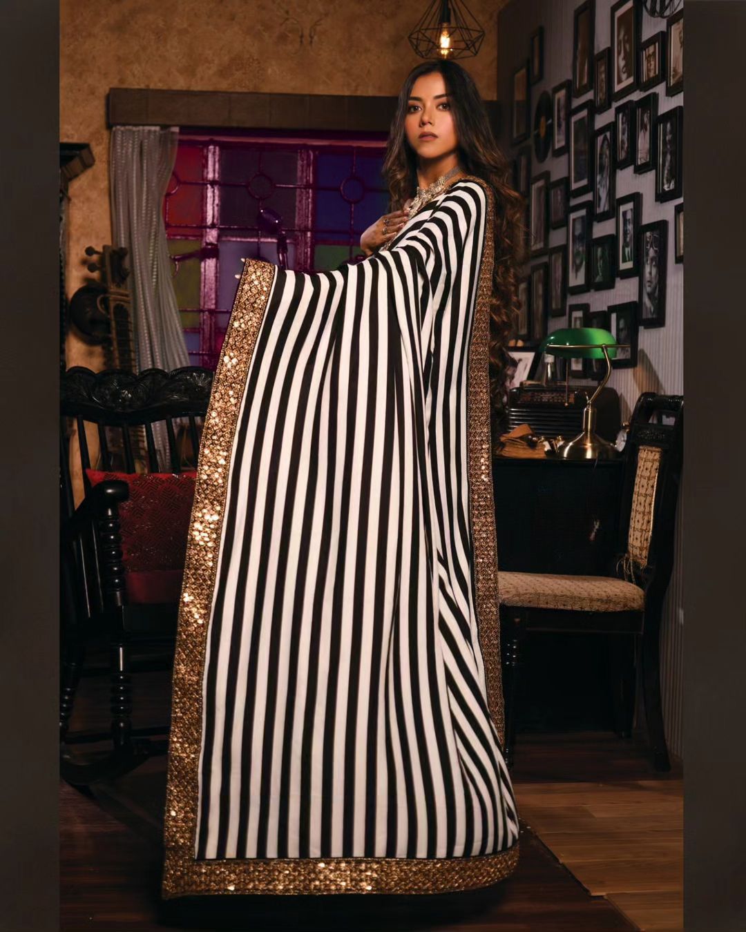 Licorice Black and White Printed Georgette saree