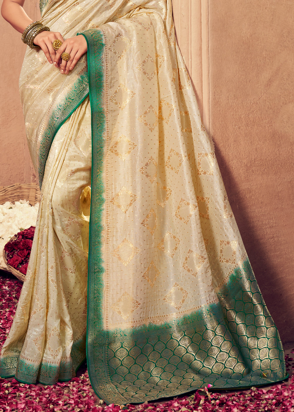 Chamois Cream and Green Zari Woven Designer Banarasi Saree