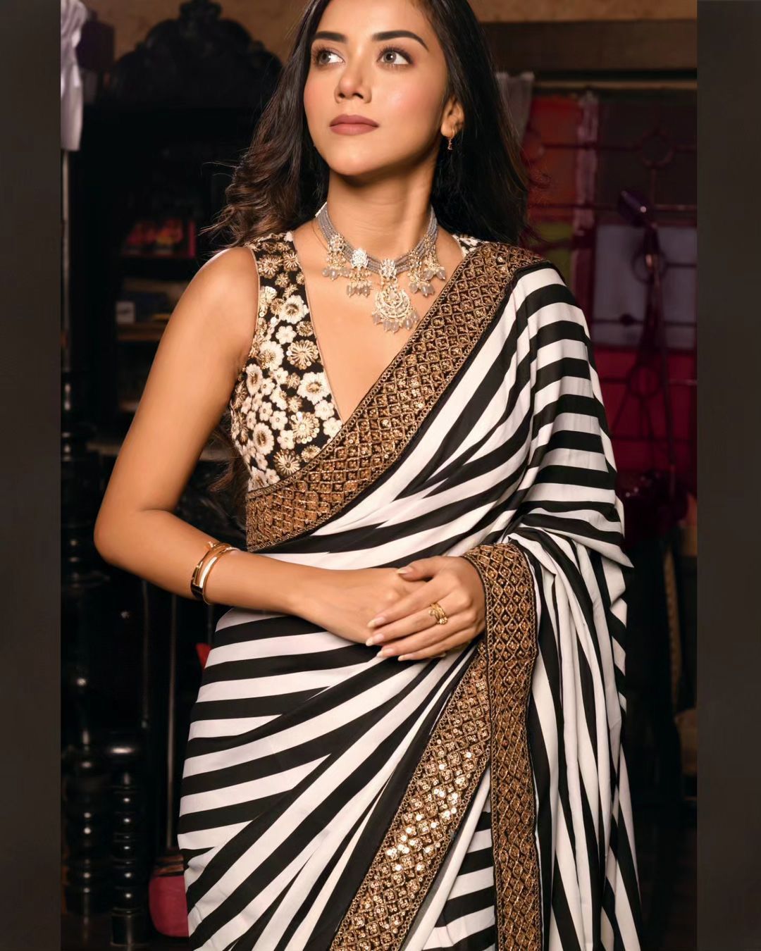 Licorice Black and White Printed Georgette saree