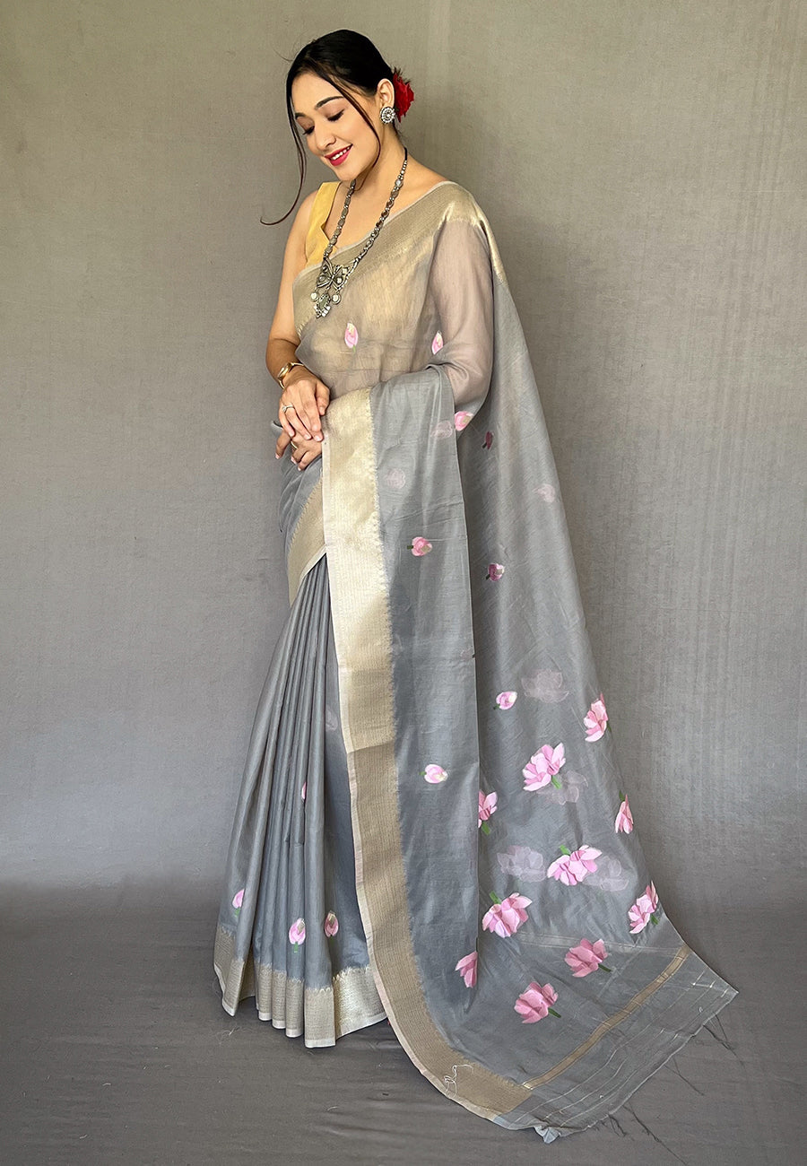 Dawn Grey Cotton Lotus Woven Silk Saree