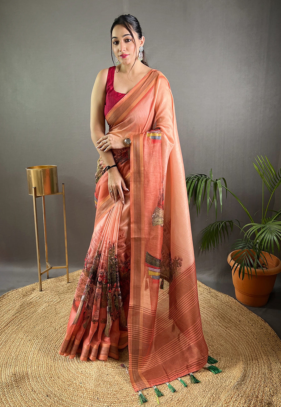 Terracotta Peach Cotton Kalamkari Printed Saree