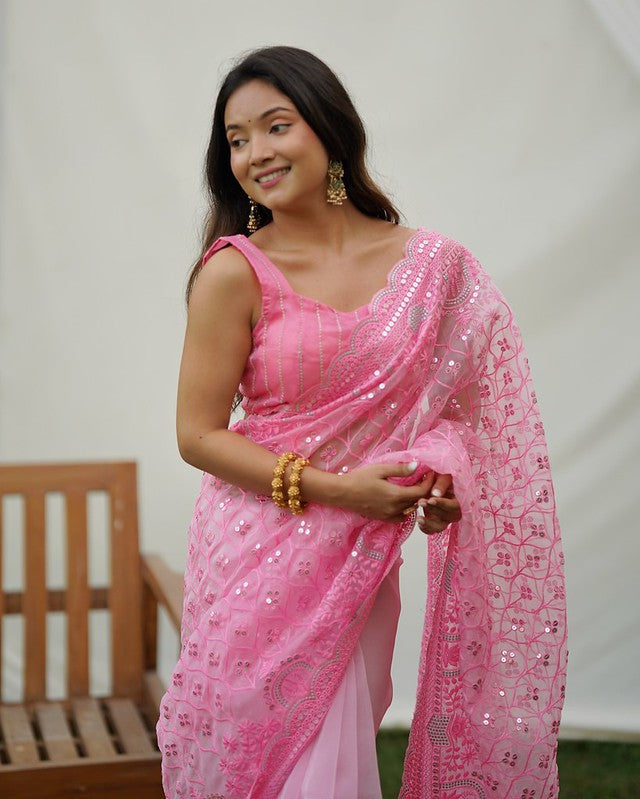 Carnation Pink Designer Organza saree with Sequence Work