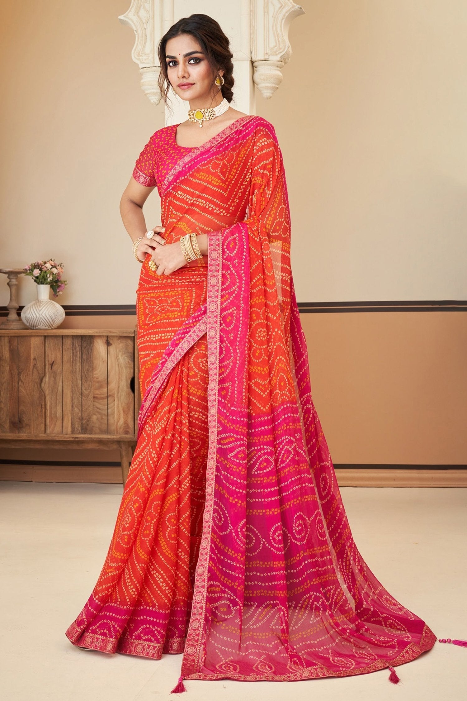 Tuscany Pink Chiffon Bandhani saree