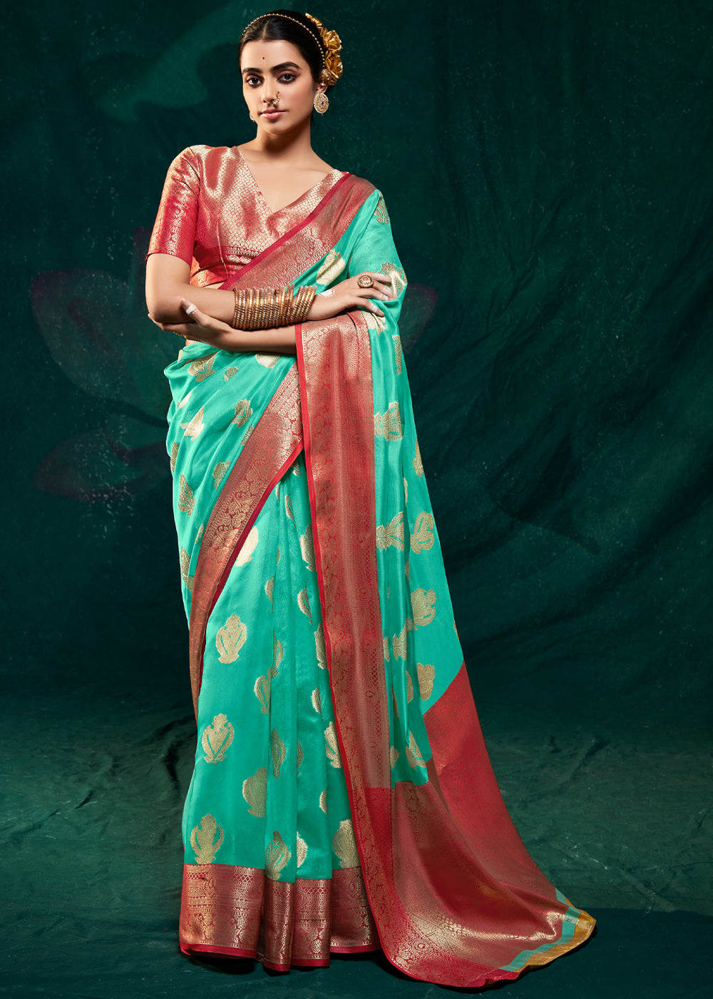 Puerto Rico Green Woven Banarasi Organza Silk Saree