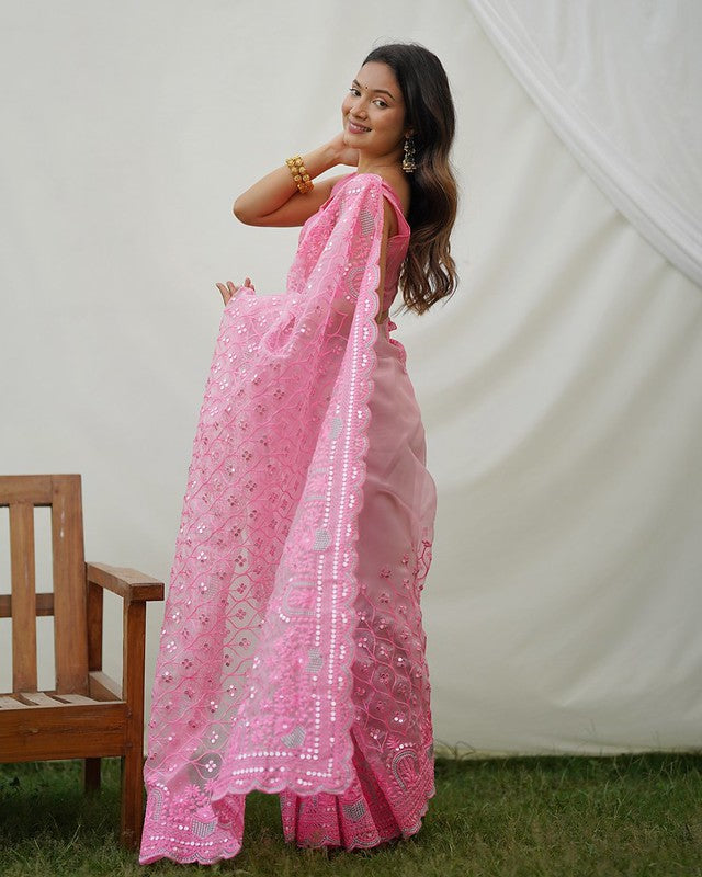 Carnation Pink Designer Organza saree with Sequence Work