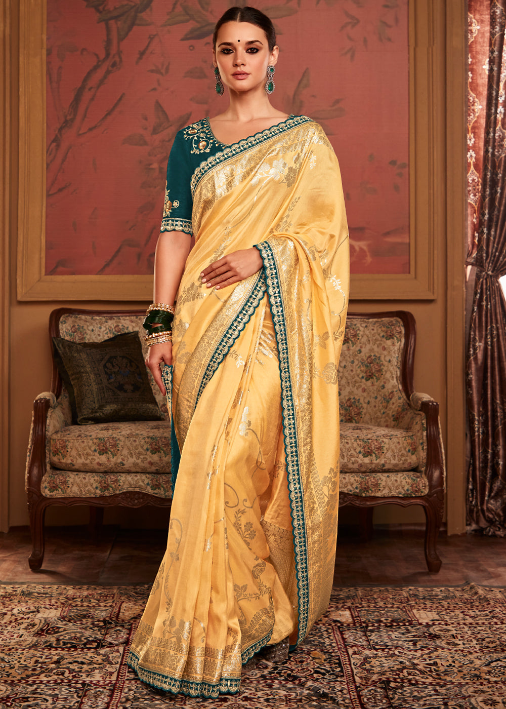 Saffron Yellow Woven Banarasi Designer Silk Saree With Embroidered Blouse