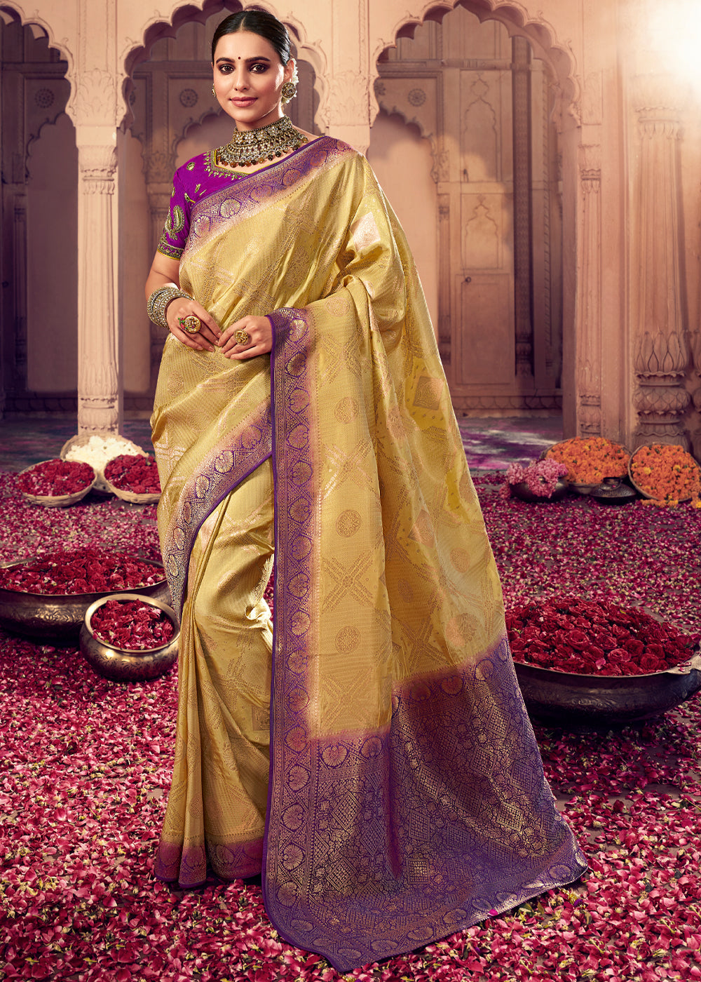 Sunset Yellow and Purple Zari Woven Designer Banarasi Saree