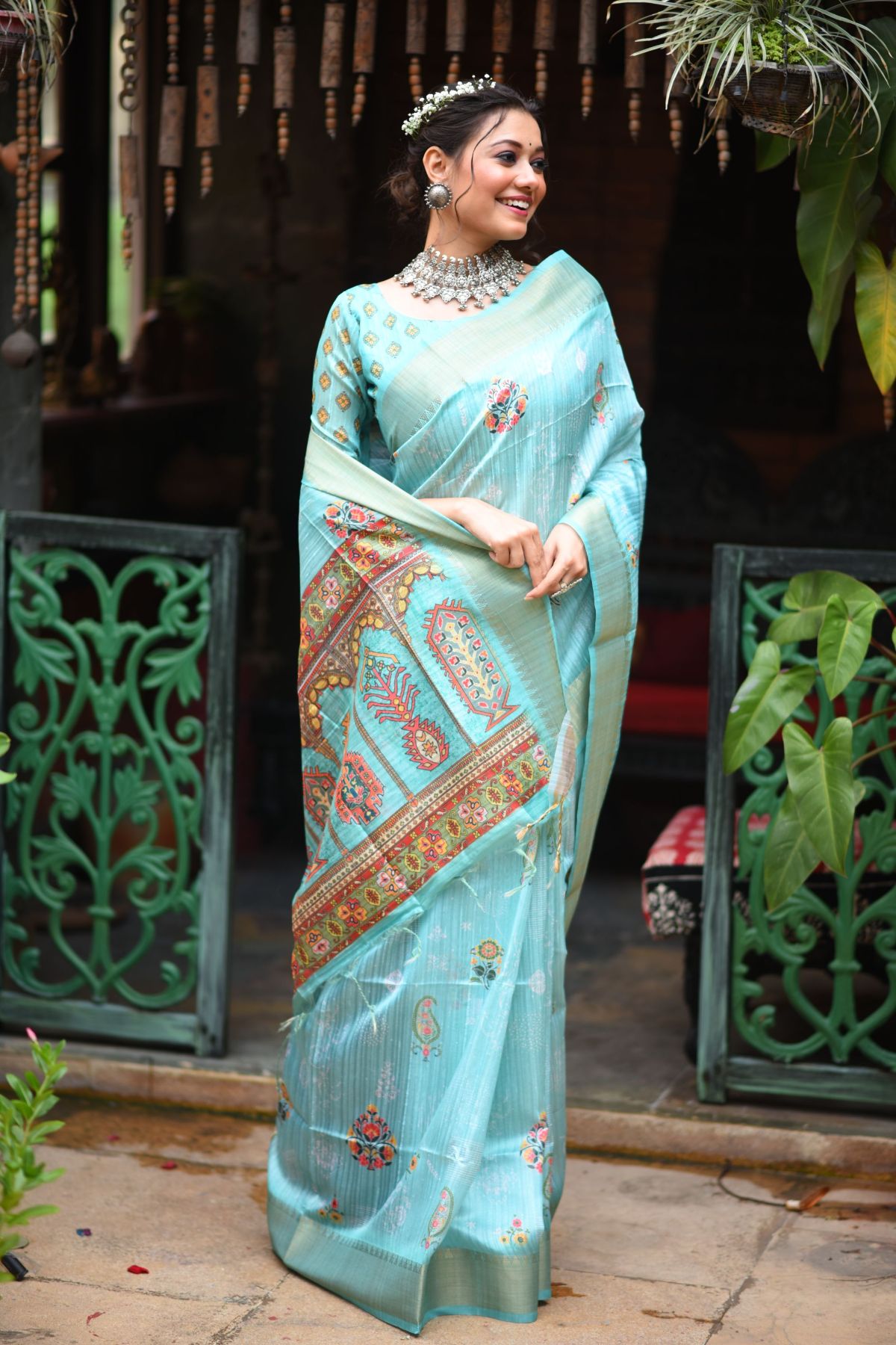 Half Baked Blue Printed South Silk Saree