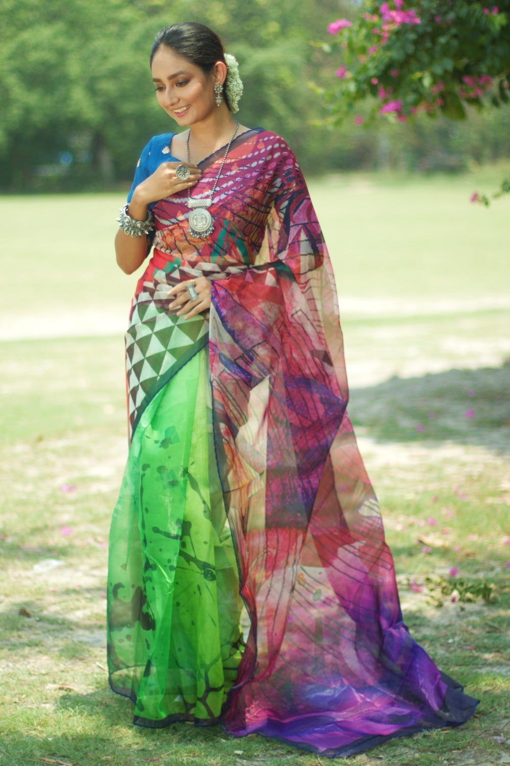 Forest Green and Purple Floral Design Organza Printed Saree