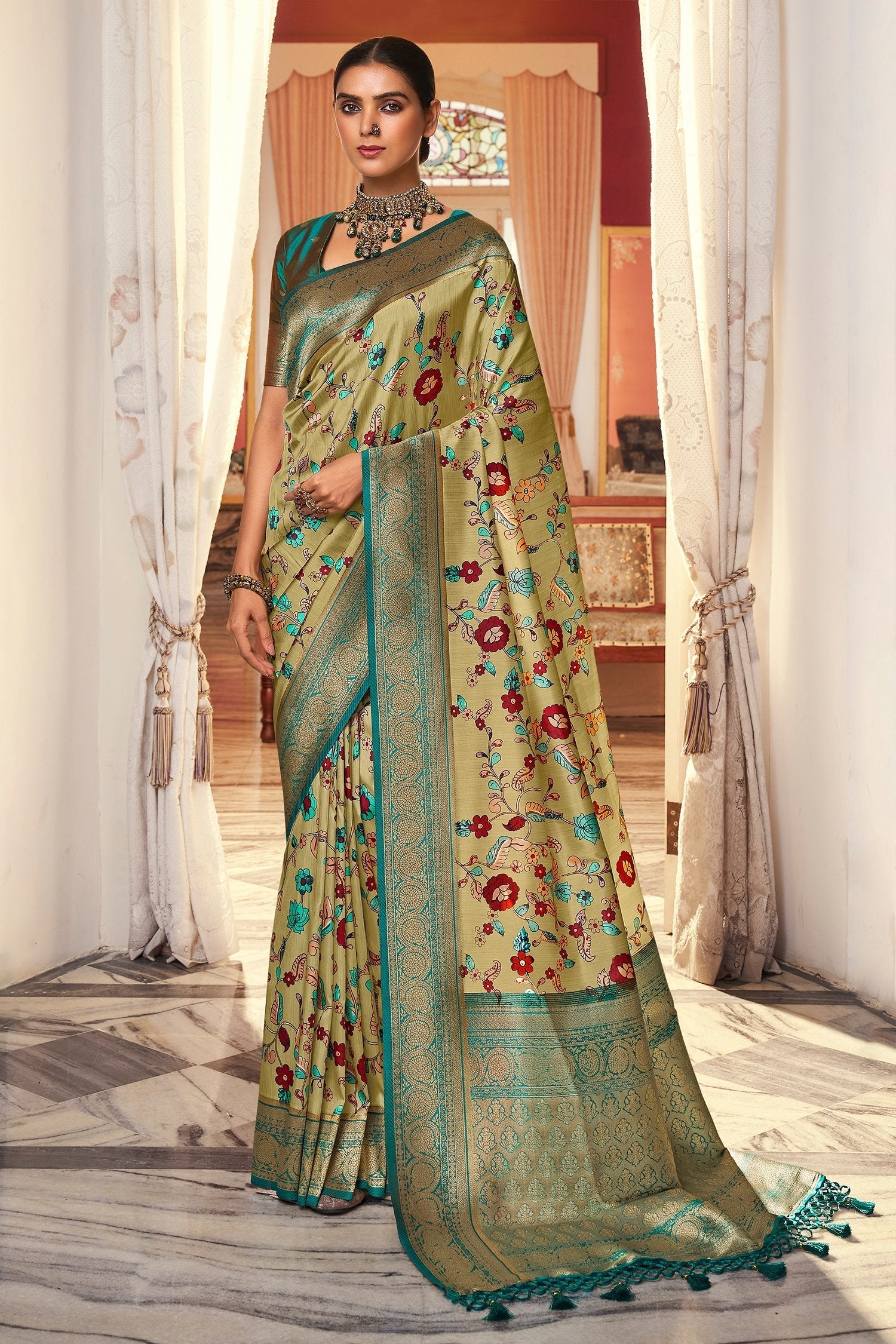 Sycamore Green Digital Printed Banarasi Silk Saree