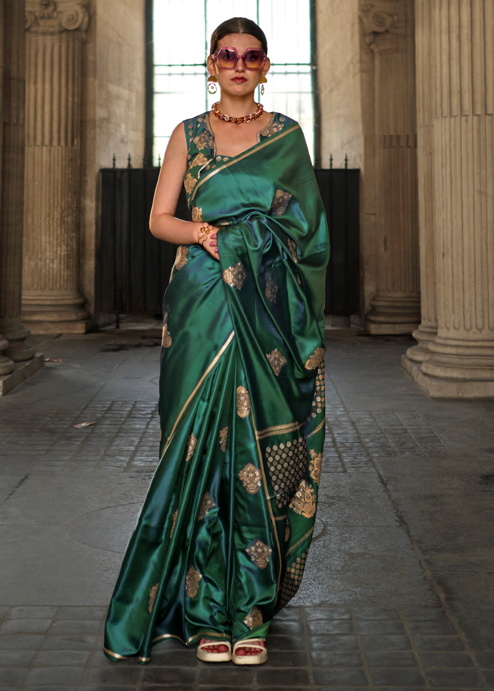 Killarney Green Woven Banarasi Satin Silk Saree