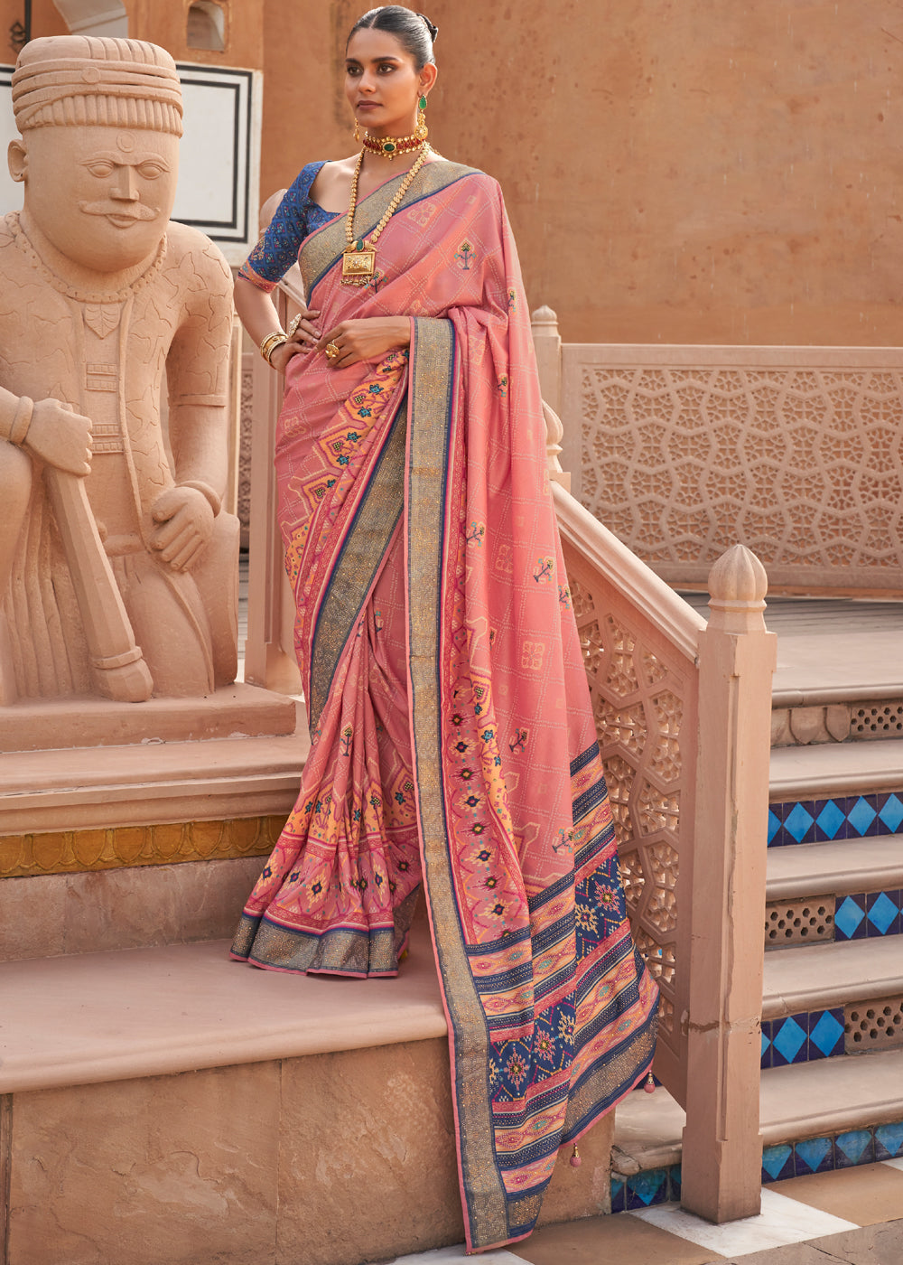 Geraldine Peach Printed Patola Silk Saree