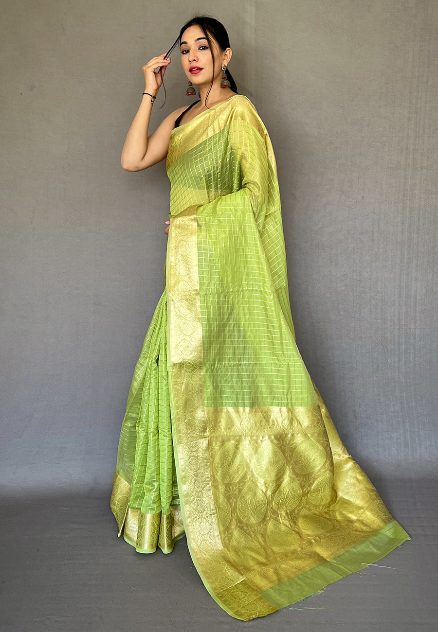 Leaf Green Zari Woven Organza Checks Saree