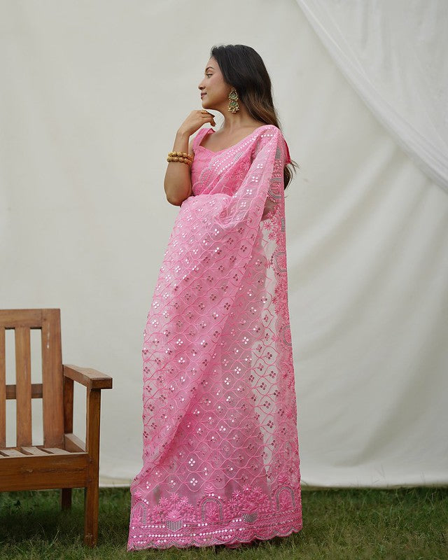 Carnation Pink Designer Organza saree with Sequence Work