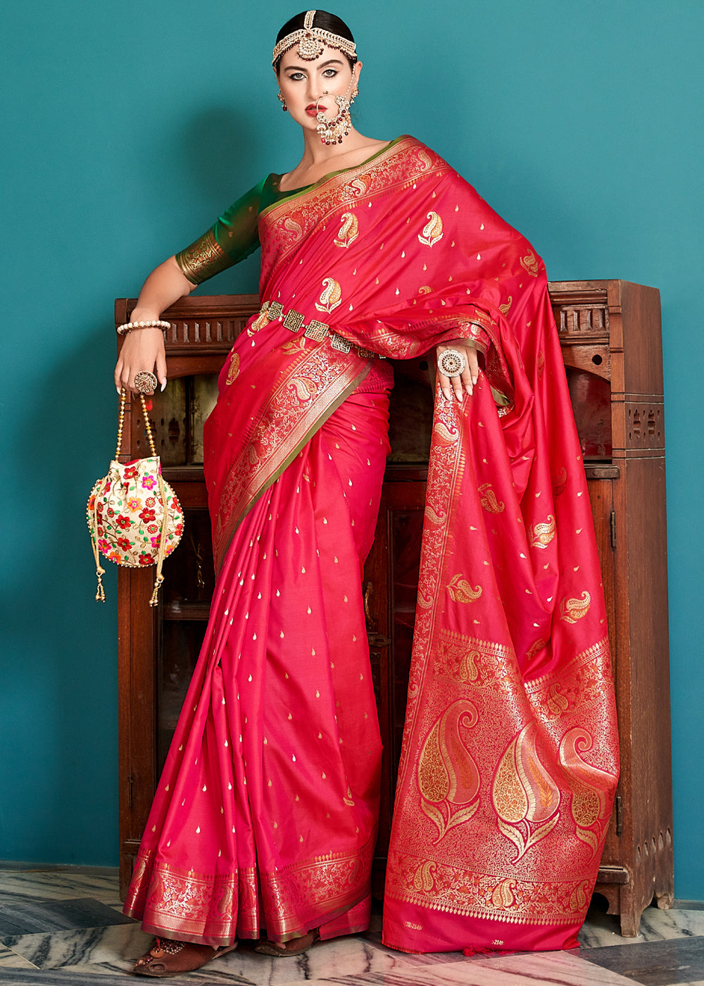 Fiery Rose Pink Woven Banarasi Soft Silk Saree