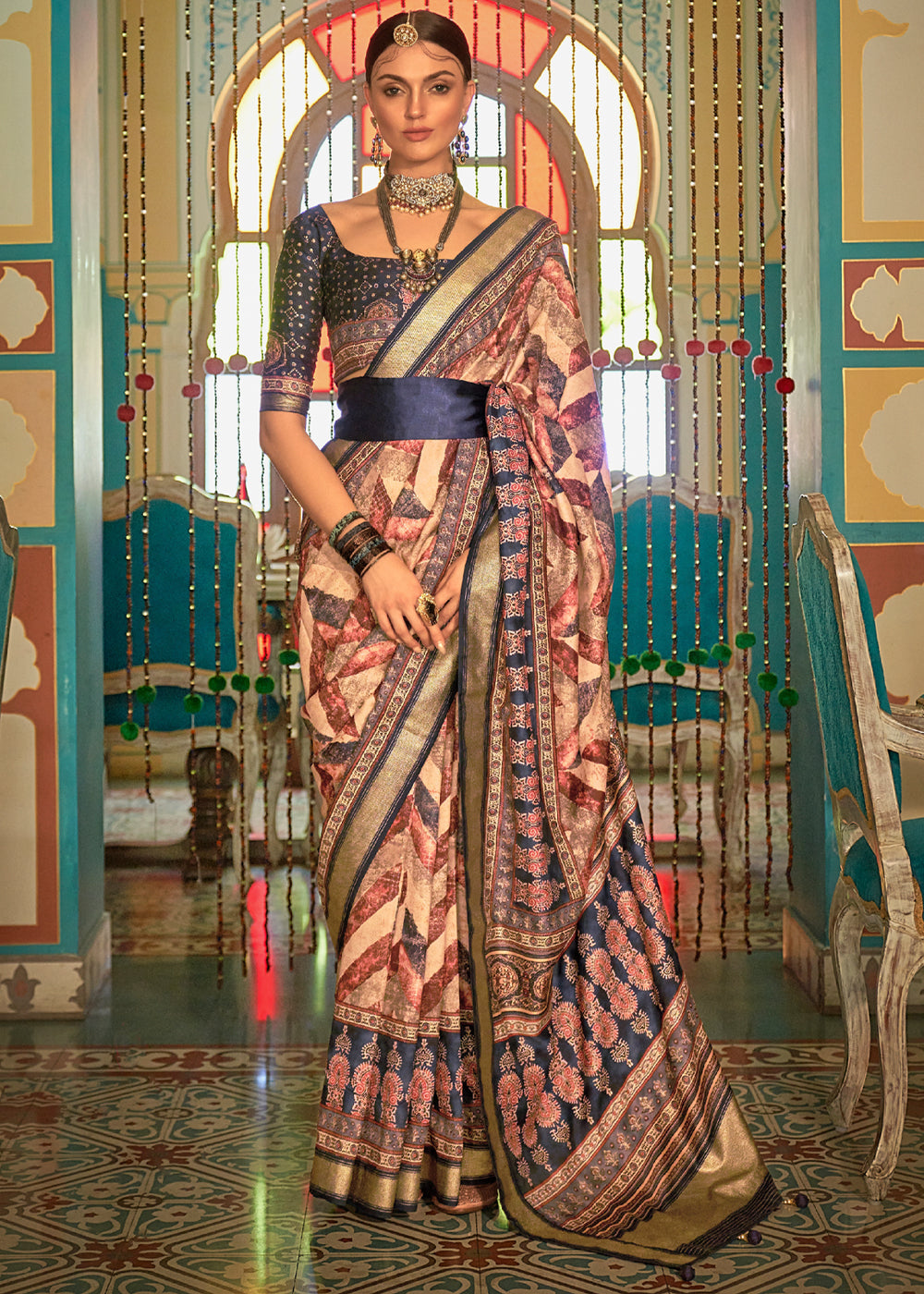 Calico Cream and Blue Printed Patola Soft Silk Saree