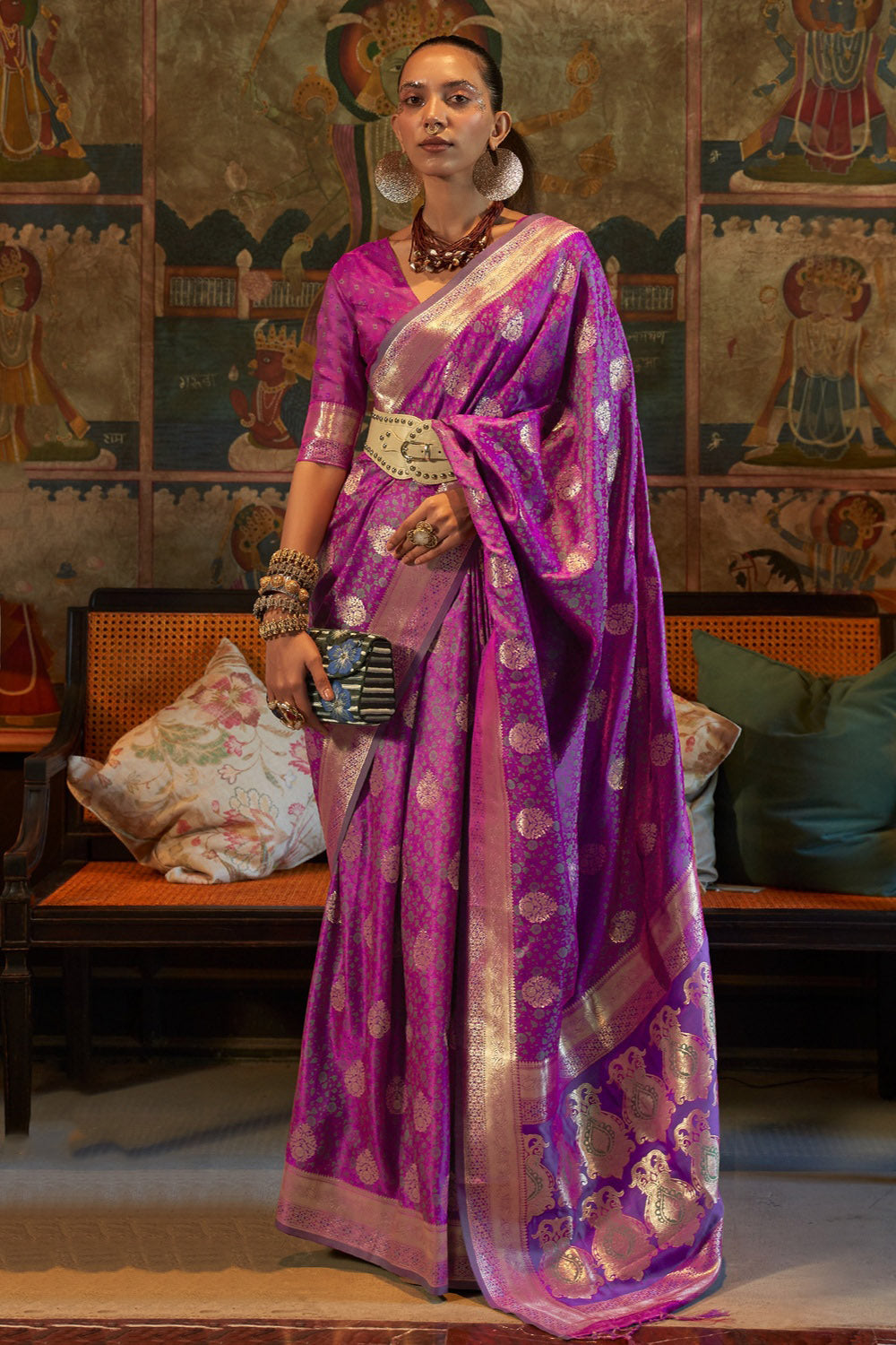 Camelot Purple Satin Handloom Silk Saree