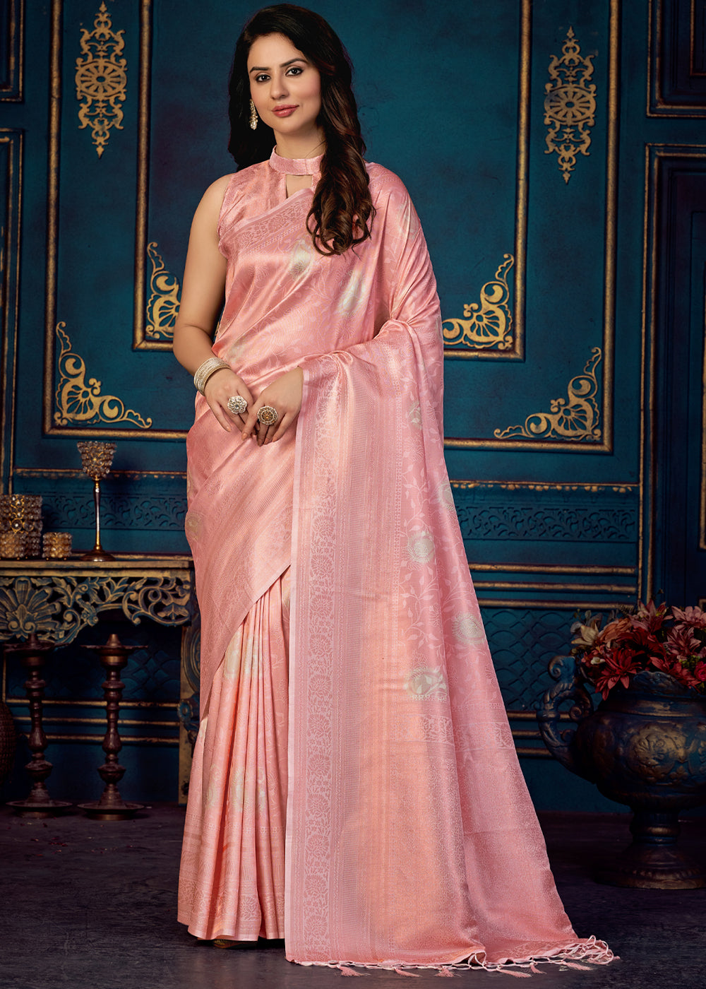 Tonys Pink Woven Banarasi Jacquard Silk Saree