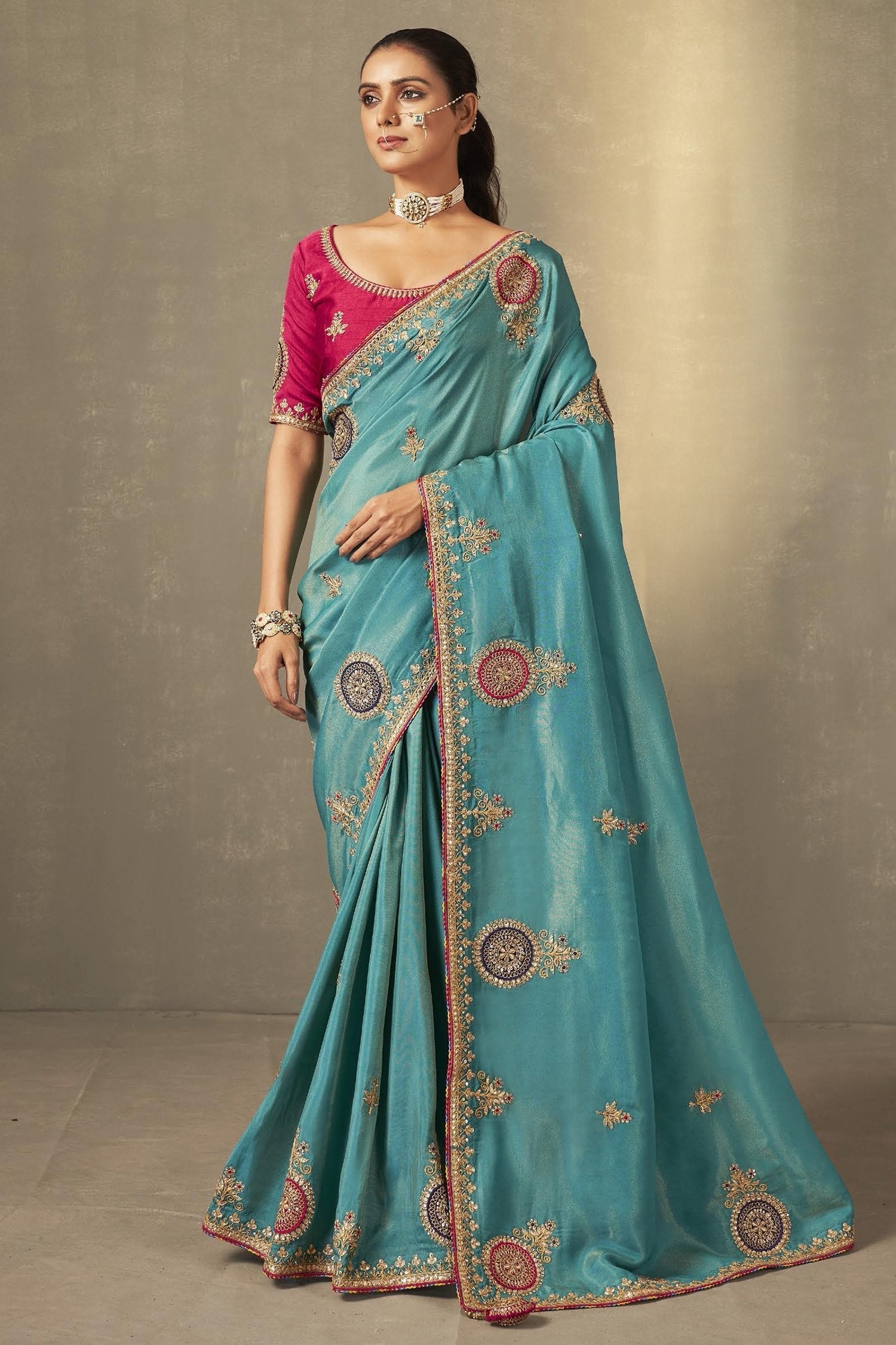 Faded Blue and Pink Embroidered Silk Saree with Designer Blouse