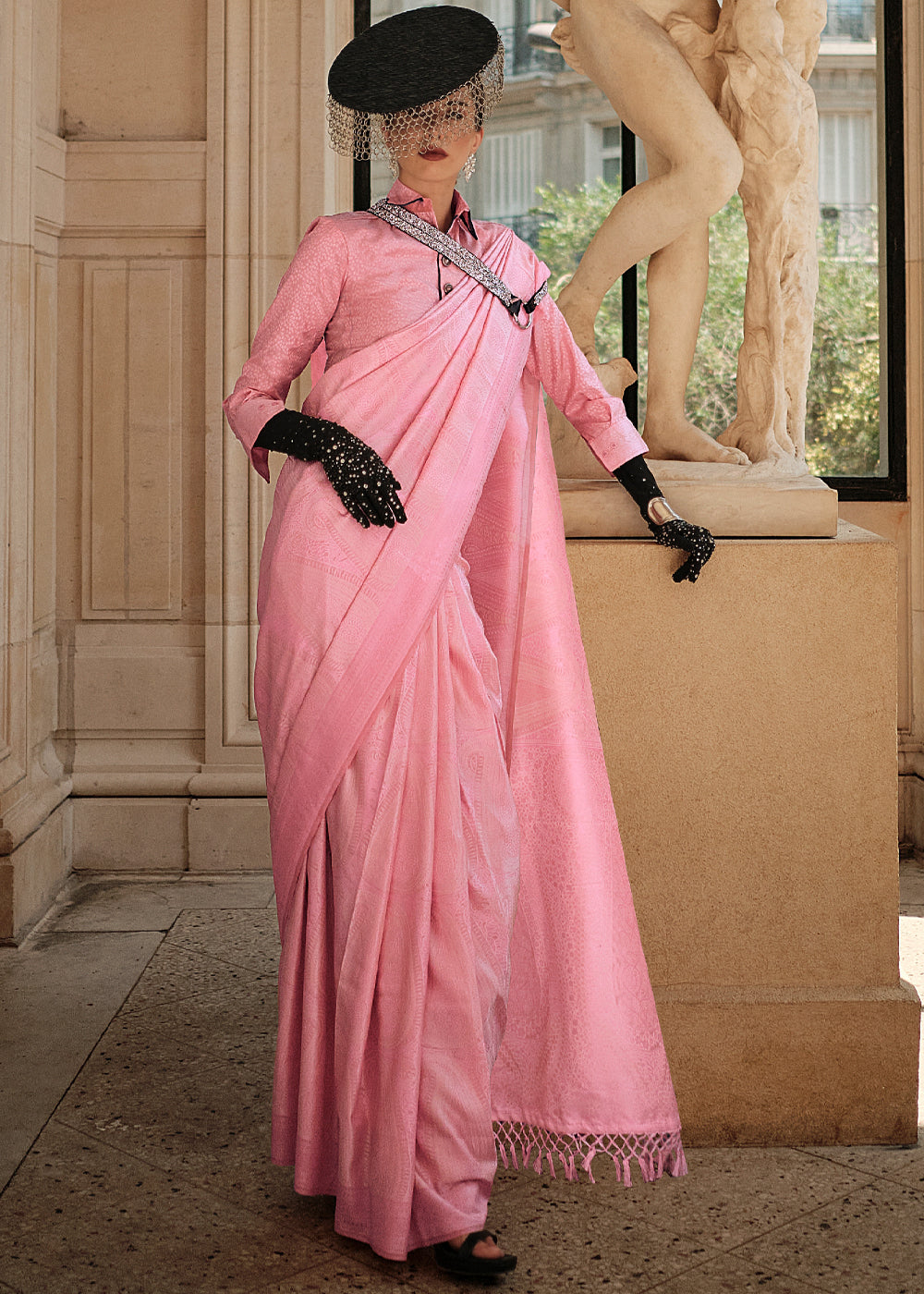 Pastel Pink Woven Kanjivaram Satin Silk Saree