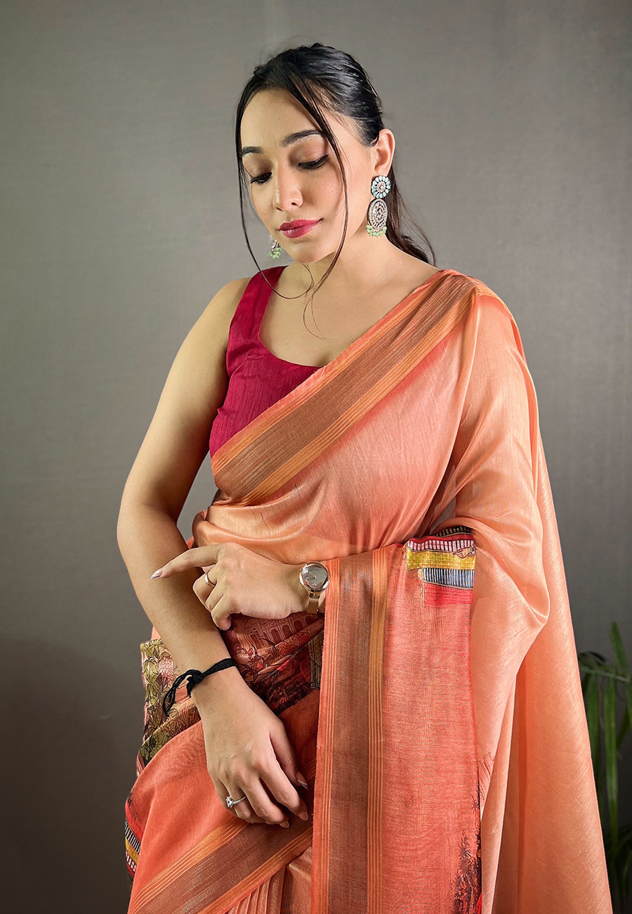 Terracotta Peach Cotton Kalamkari Printed Saree