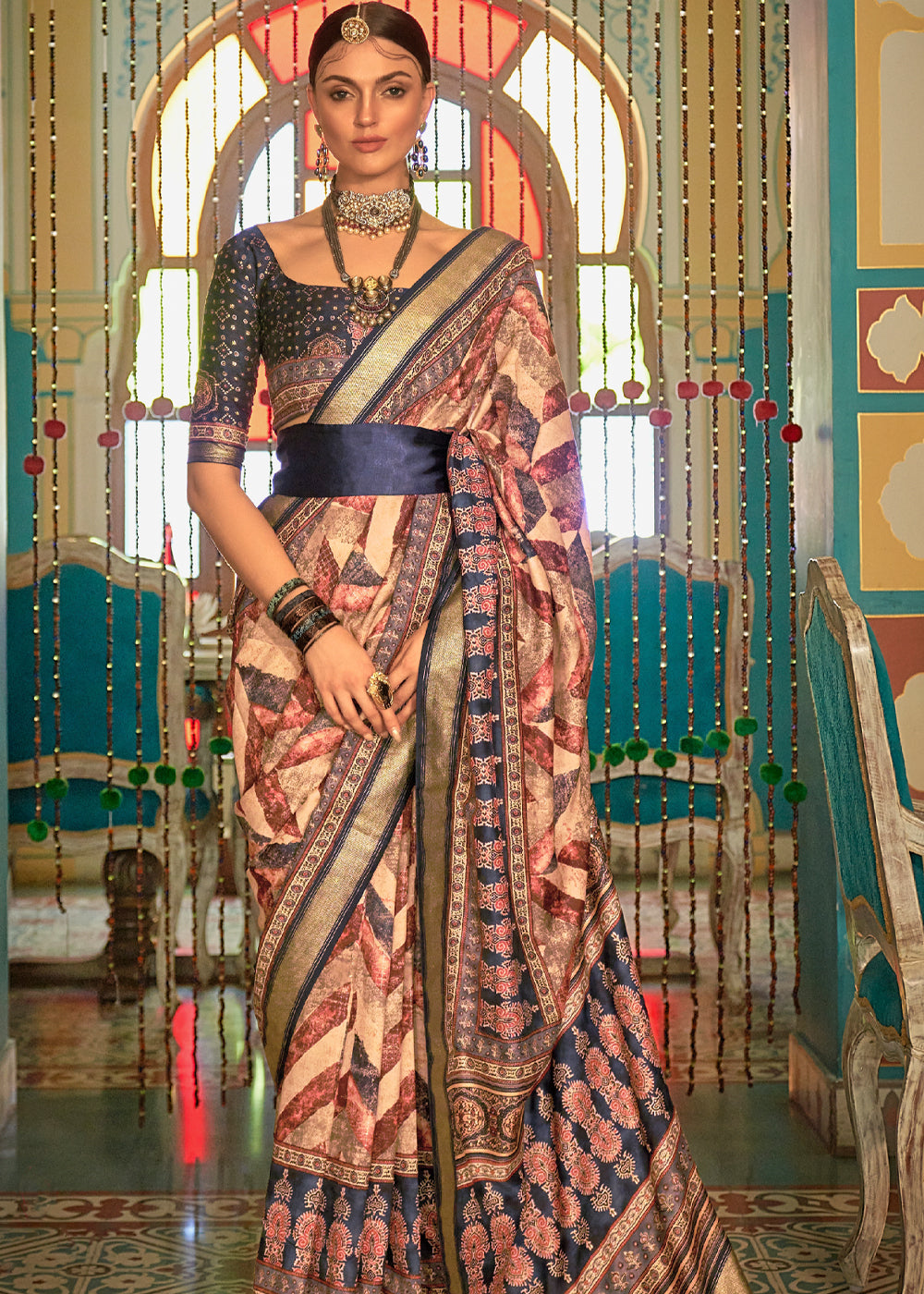 Calico Cream and Blue Printed Patola Soft Silk Saree